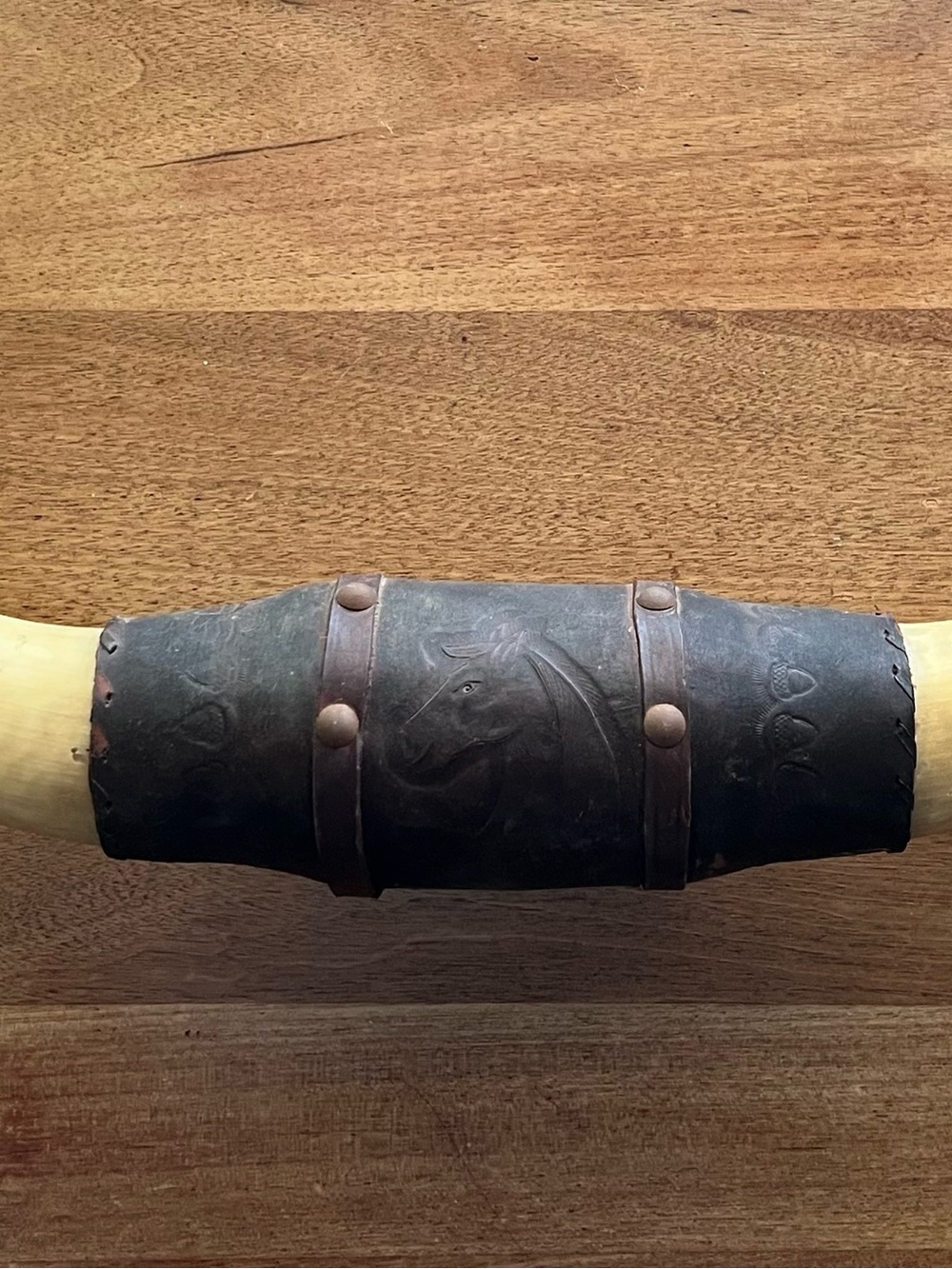 Vintage Mounted Steer Horns Tooled Leather Western Wall Art